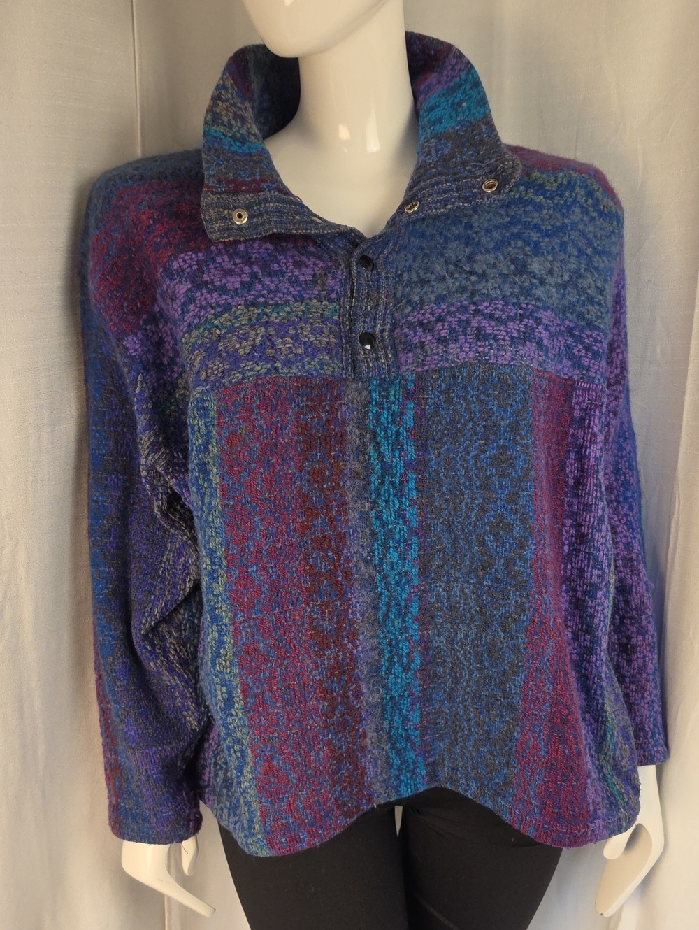 Hand Woven Blue Green Purple 100% Wool Pullover Jacket with Snap Front Size XXL
